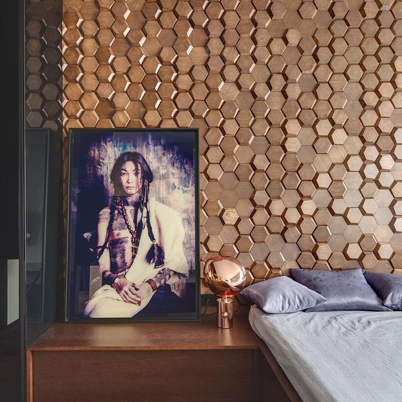 Black Walnut Hexagon 3D Stereo Mosaic Wall Hanging Decoration Hotel Bar Cafe Background Decoration Modern Wall Hanging Decor
