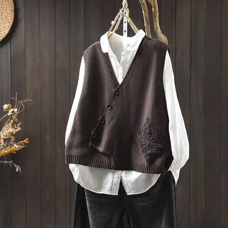 

Кружевной пэчворк V-образный вырез вязаный хлопковый жилет открытый кардиган женский свободный большого размера осенний многослойный свитер с дизайном плечевых накладок L