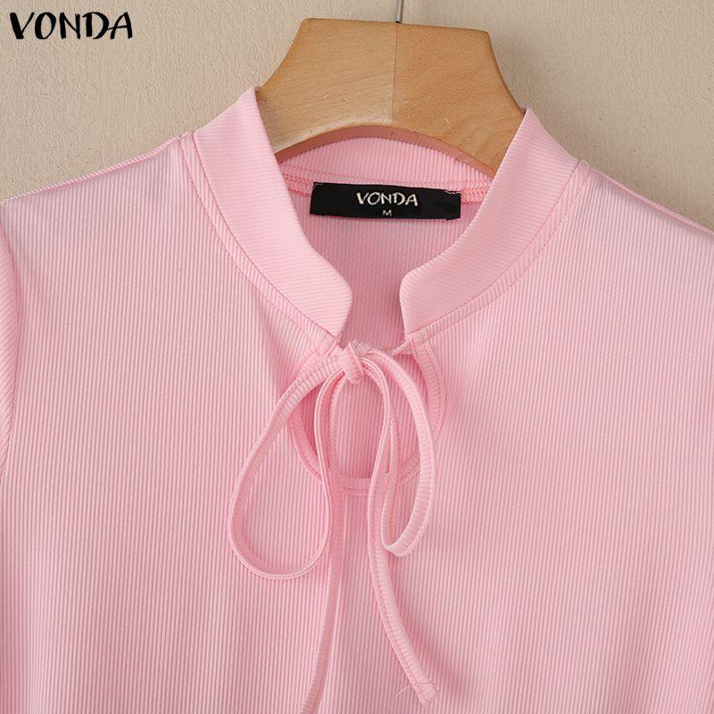 VONDA Women Stand Neck Short Sleeve Bow Knot Rib Casual Cropped Blouse Tops