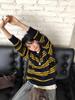 Women's Retro Stripe Pure Wool Polo Collar Sweater - Color Block Design, Lazy Style Knit Pullover