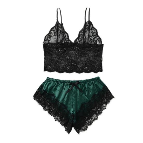 2 Pcs/Set Lady Pajamas Satin Bow Sleeveless Crop Top See-Through Lace Patchwork