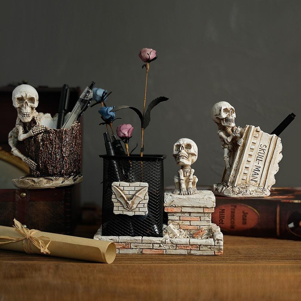 Creative Halloween Skull Pen Container, Spider Man Theme Desktop Ornament, Home Office Pencil Holder Decor