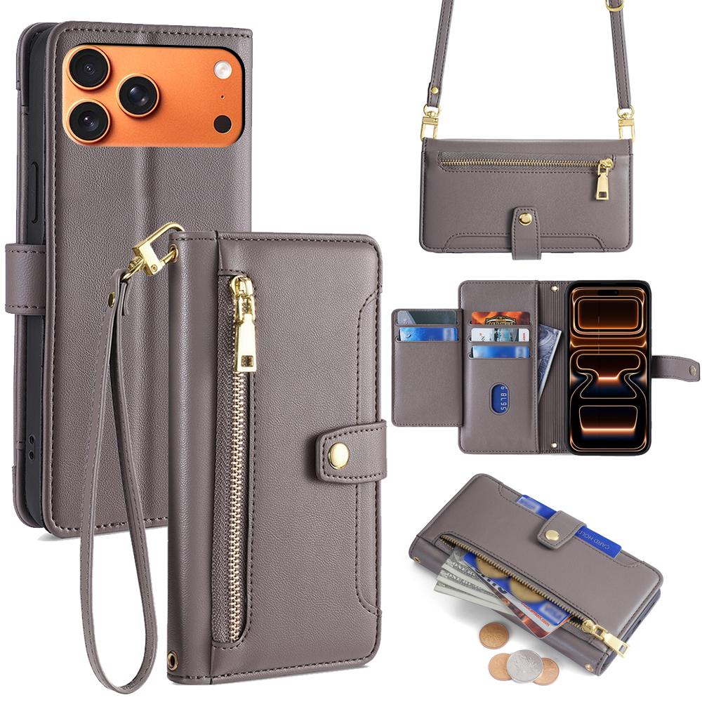 For iPhone 17 Pro Max Leather Case Zipper Pocket Wallet Phone Cover with 2 Straps