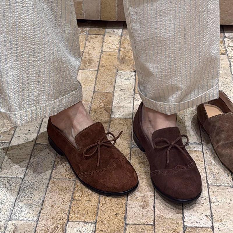 Cowhide version~ Korean version of genuine leather round head flat bottom small leather shoes women's retro suede bow Brock single shoes women's tide