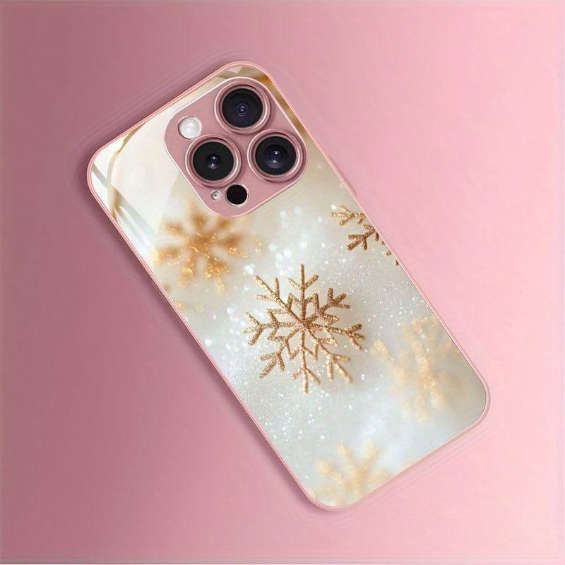 Golden Christmas Snowflake Pattern Metallic Paint Glass Phone Case For iPhone 17 16 15 14 13 12 11 Pro Max Plus 16E 17 Air Cover