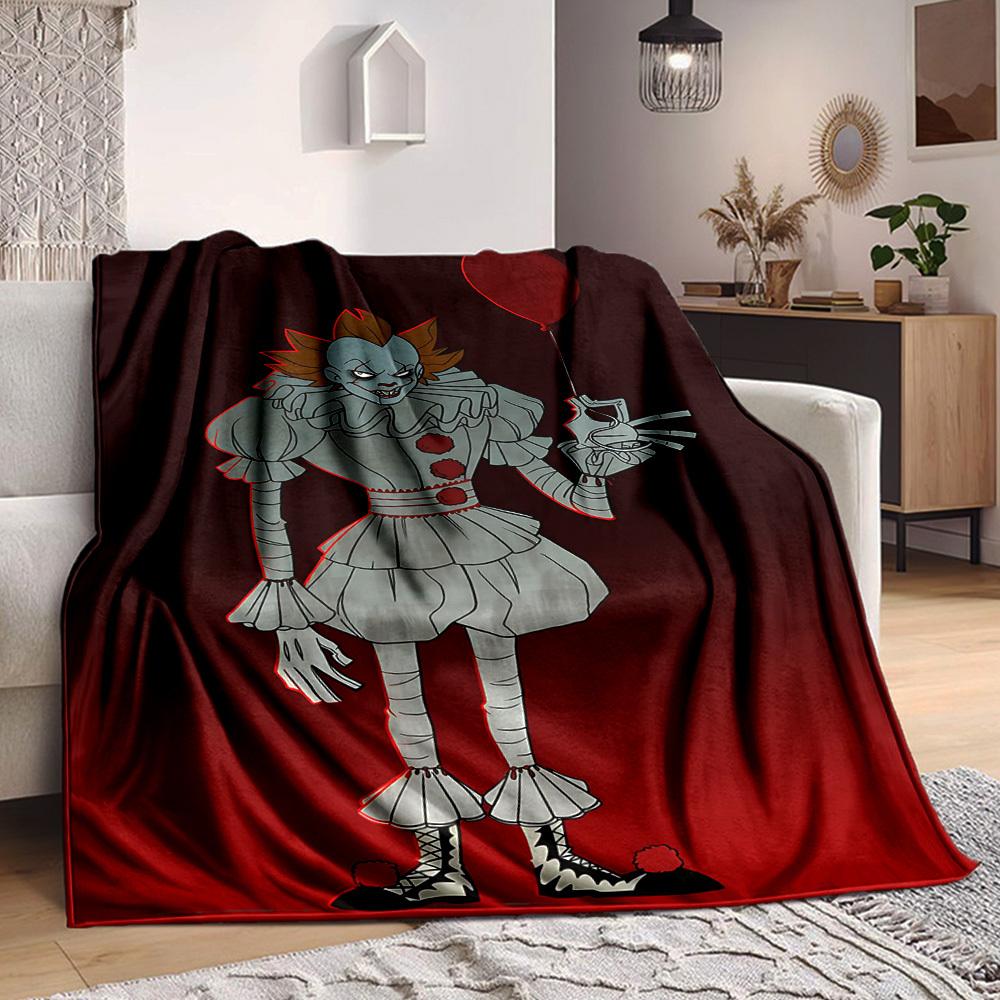 1pc It "Clown" Flannel Throw Blanket - HD Printed Lightweight Soft Warm All-Season Blanket for Sofa, Bed, Travel, Camping 007
