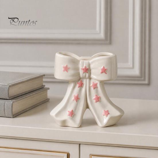 Dried Flower Holder Ceramic Bow Vase with Star, Decorative Flowers Vase, Creative French Style Arrangement for Living Room Table Centerpiece