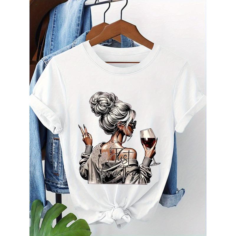 Europäische Größe Damen Mode T-Shirt, T-Shirt mit Rundhalsausschnitt und Aufdruck, Lässiges Kurzarm-T-Shirt mit Rundhalsausschnitt für Damen.