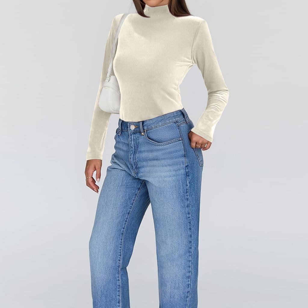 Women's Stylish Casual ,Color Half,High,Neck Velvet Long,Sleeve Base Layer Top