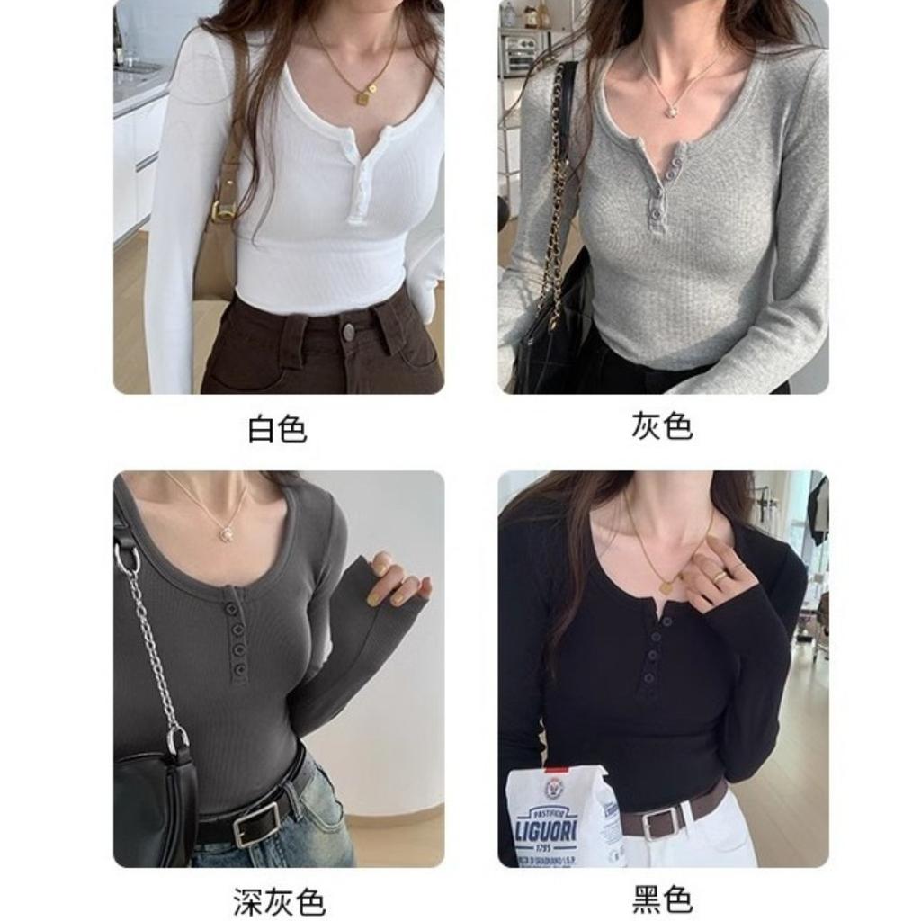Women's V-Neck Long Sleeve Slim Fit Solid Color Ribbed T-Shirt Casual Top Blouse