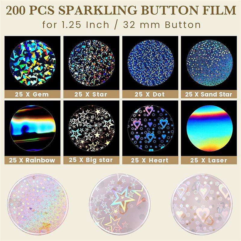 ABBP-200 Pcs Badge Protective Film 44Mm (1.77 In), 8 Styles Of Holographic Glitter, Badge Film For 1.25 Inch 32Mm Button