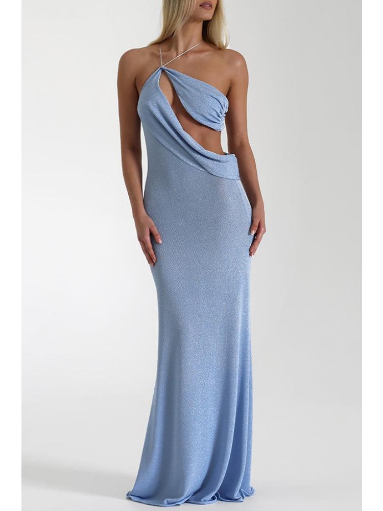 Blue and Black One Shoulder Bodycon Maxi Dress with Side Cut Out S синий