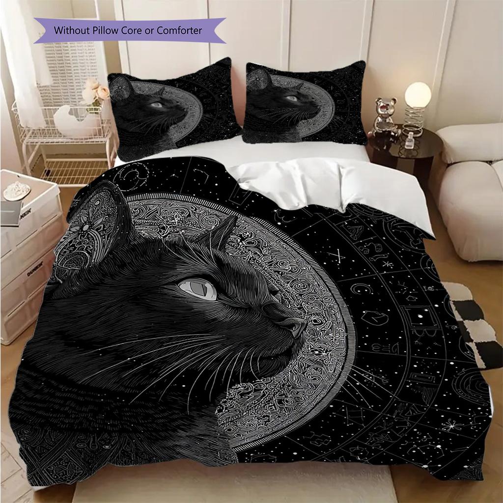 Black Cat Pattern Bedding Quilt Set Quilt Cover Pillowcase Home Decoration Birthday Gift (1 * Duvet Cover + 2 * Pillowcase, Without Core)