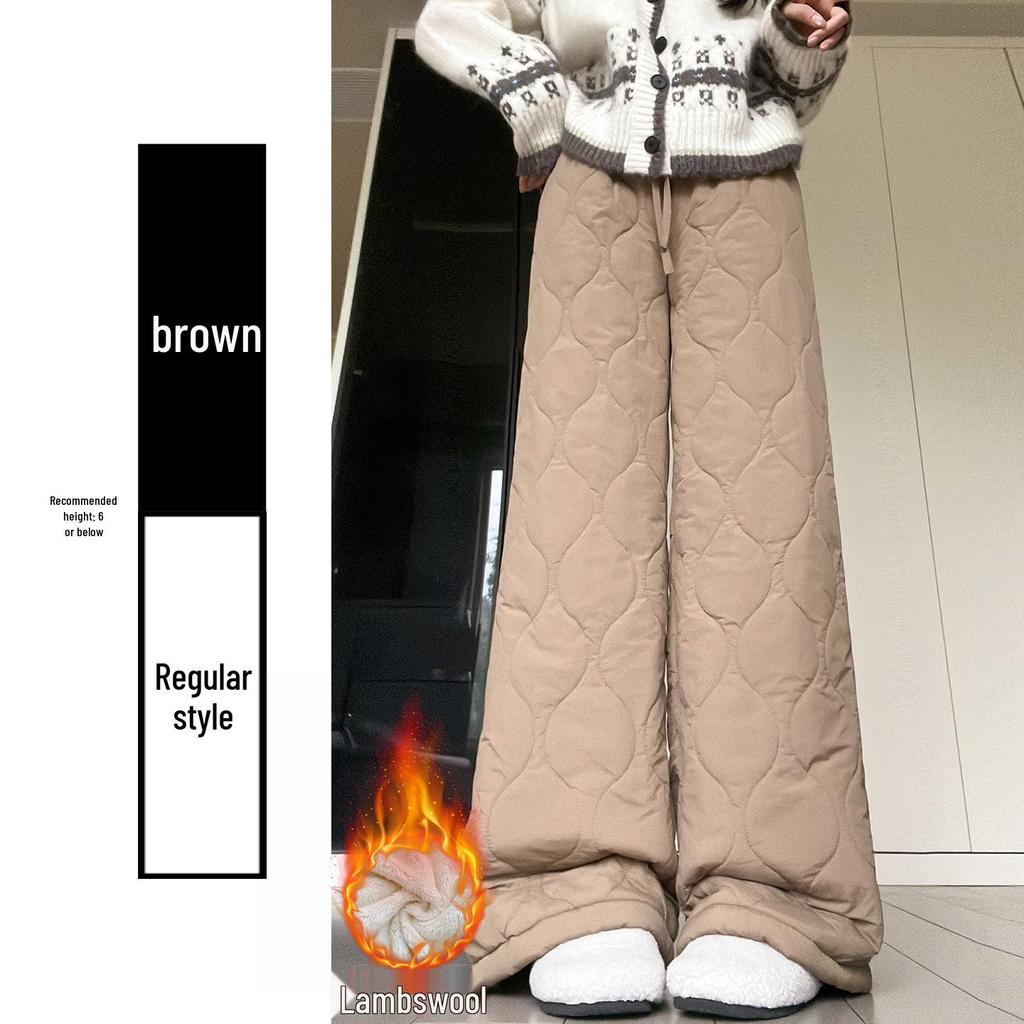 Women's Black Thick Lambswool Cotton Patchwork Wide-Leg Pants - Autumn/Winter Warm Velvet Plush, Straight-Leg Style