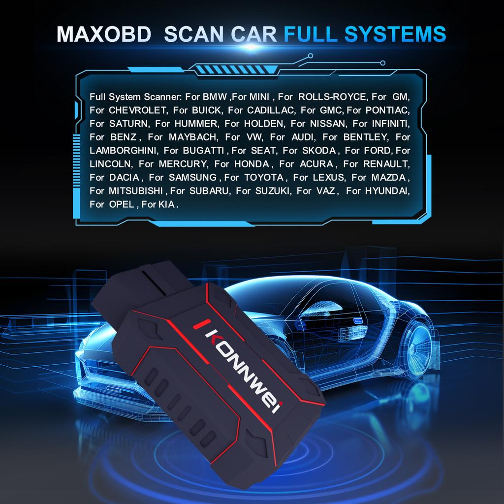 2026 MAXOBD KONNWEI Nástroj pro diagnostiku závad celého systému automobilu OBDII Hloubkové skenování Bluetooth připojení Monitorovací systém OBD2 Skenovací nástroj