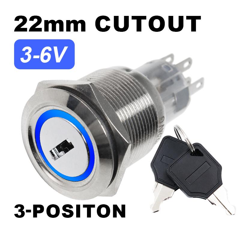 22mm Metal Rotary Key Selector Switch 2/3-Position Waterproof Self-locking Latching Knob Switch with LED Light 1NO1NC 2NO2NC
