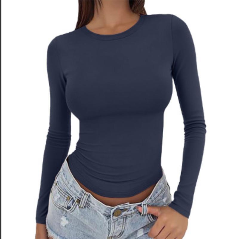 Podstawowy damski crop top z długim rękawem na wiosnę, jesień, zimę, z okrągłym dekoltem, dopasowany, gładki kolor, koszulka, top streetwear