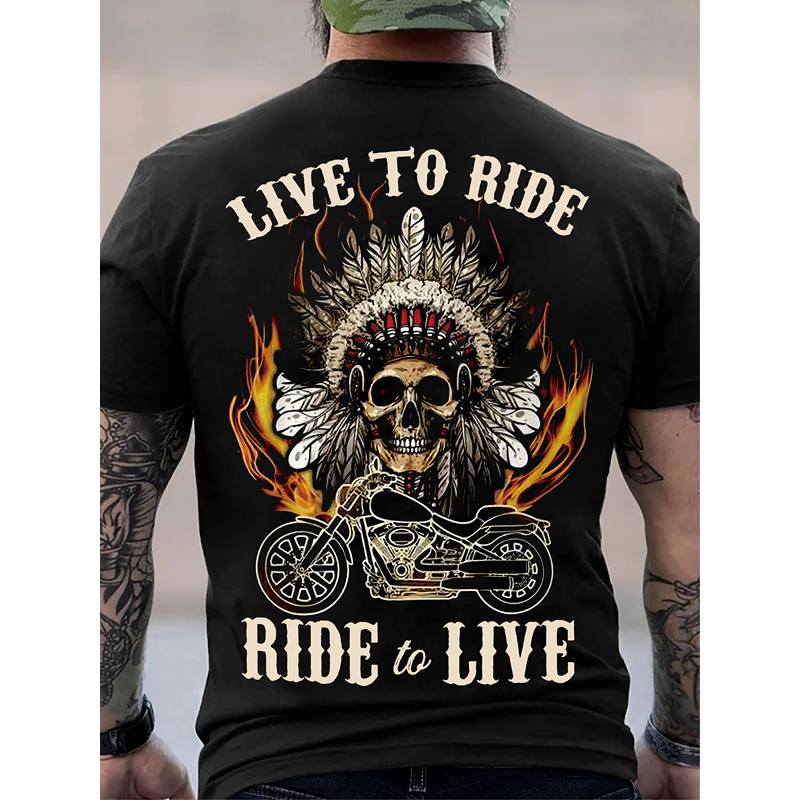 Herren Übergröße Live to Ride Motorrad T-Shirt - Culture Apparel mit Totenkopf & Feder Motorrad Design, Weiches Baumwoll Rundhals Kurzarm T-Shirt für