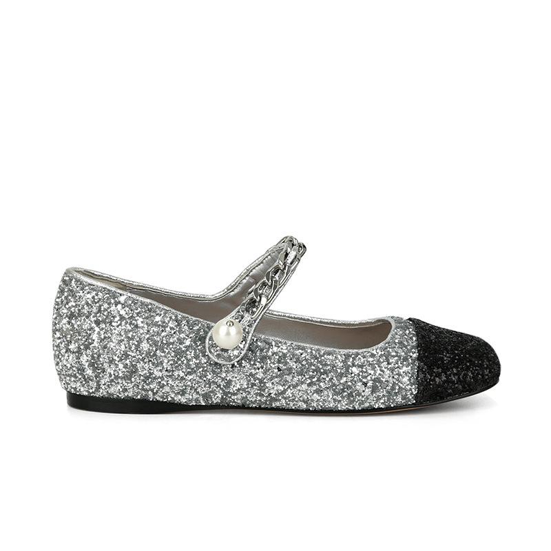 Sheepskin~ Su Yinyin's same Amiu rhinestone pearl buckle chain color matching Mary Jane shoes women's flat-bottomed light-mouth single shoes