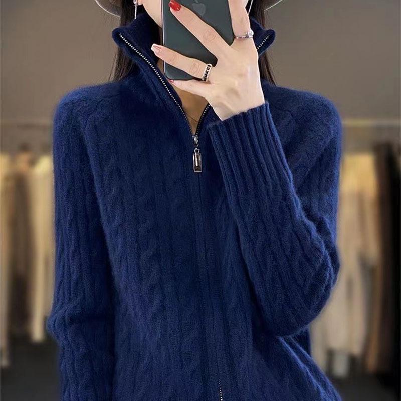 

Женский кардиган на молнии с высоким воротником и кабельной вязкой - Толстый, Свободный, Модный осенне-зимний свитер-пальто Large (125-155 lbs) темно-синий
