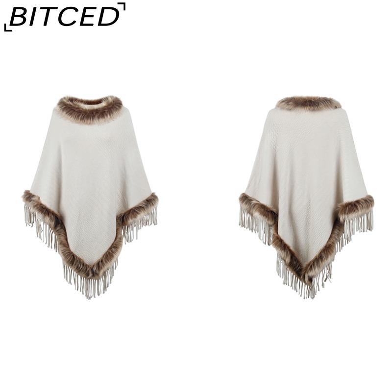 BITCED Knitted Fringe Cape for Women - Autumn/Winter Solid Colour Oversized Pullover Shawl Coat
