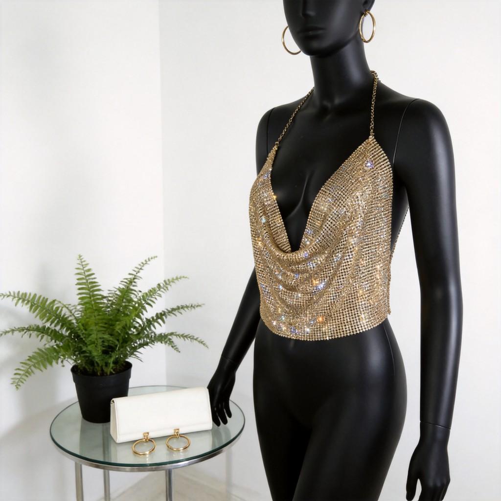Metallic Jewelry Top With Rhinestone Embellishments For Streetwear Style Women
