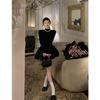 French small fragrant style long-sleeved dress women's black Hepburn style daughter gold small black dress thin a word short skirt fluffy skirt