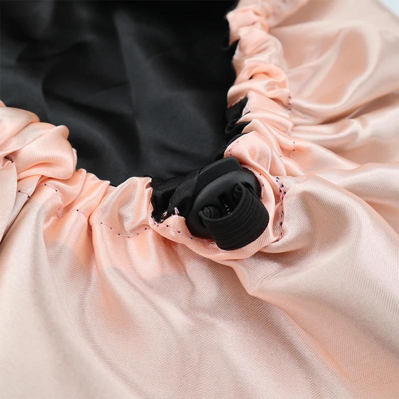 1pc Double Layer Adjustable Satin Bonnet Solid Color Elastic Button for Women Hair Hat Nightcap Silky Satin Fabric