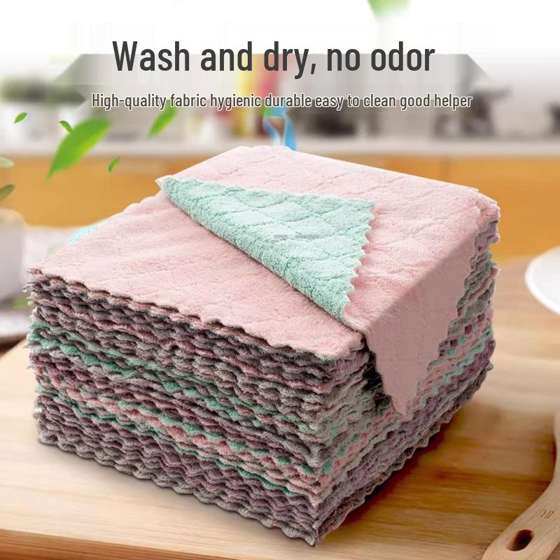 Coral Fleece Double-Sided Absorbent Kitchen Cloth - Thick, Two-Tone, Stain-Removing, Non-Shedding Dish Towel