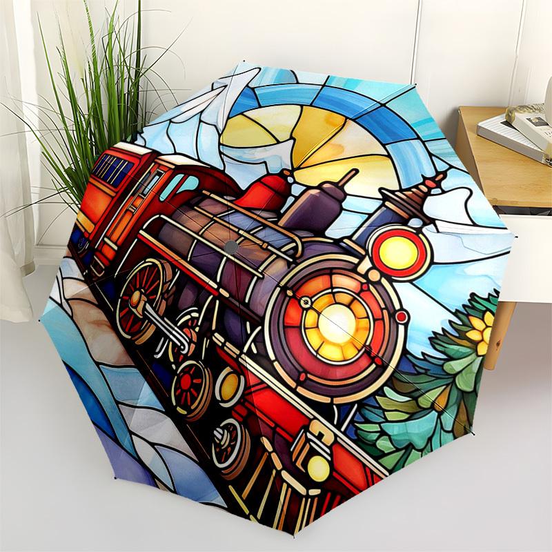 1 Stück Buntglas Dampflok Szene Automatischer Faltregenschirm - Tragbares 3-fach Design mit 8-Speichen Eisenrahmen, Outdoor für Fans, Reisende, Tägliche Nutzung