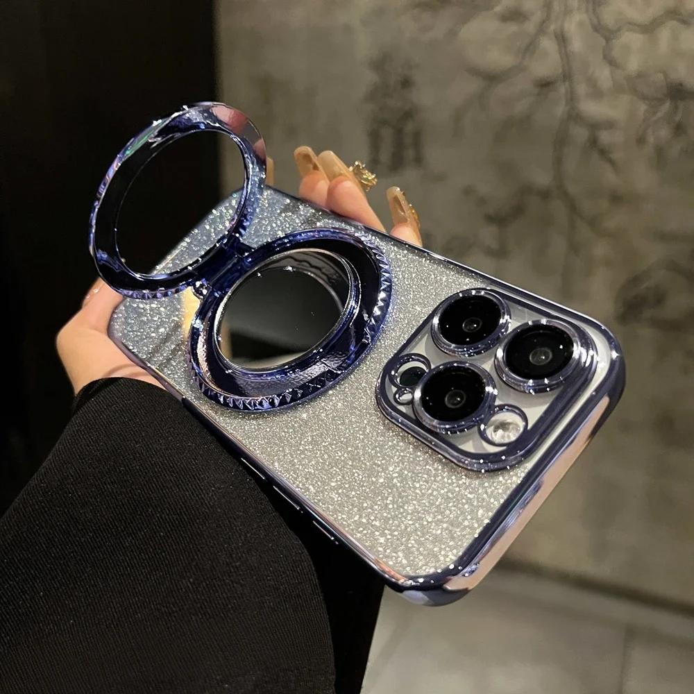 Glitter Gradient Mirror Bracket Case for iPhone 15 14 13 16 Pro Max 12 11 X Xr Xs 8 7 Plus for Magsafe Ring Holder Plating Cover