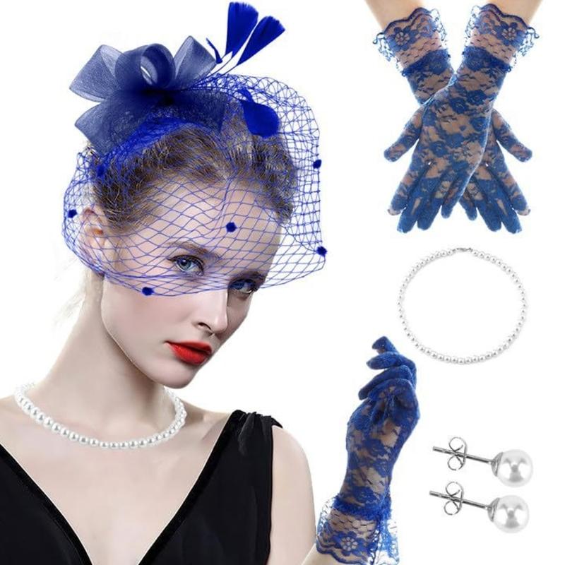 1920s Fascinator Headpiece Set for Party Wedding with Gloves Necklace Feathered Lace Flapper Headwear for Theme Party