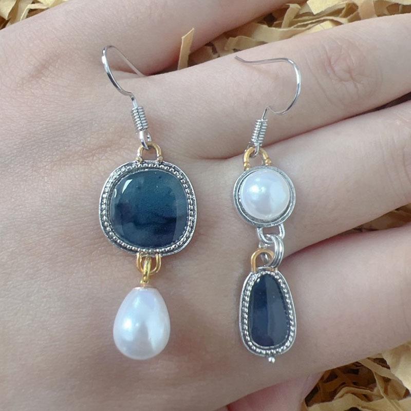 Geometric asymmetric pearl earrings, popular in Europe and America, two-color metal alloy earrings, handmade jewelry