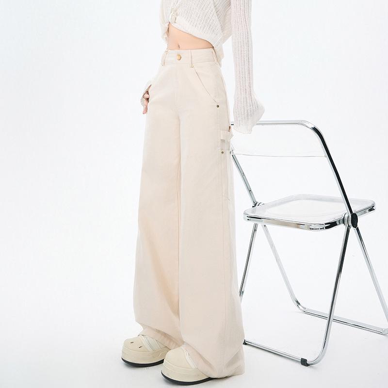 Jeans Larghi a Zampa Retro Khaki da Donna con Tasche Multiple per la Primavera