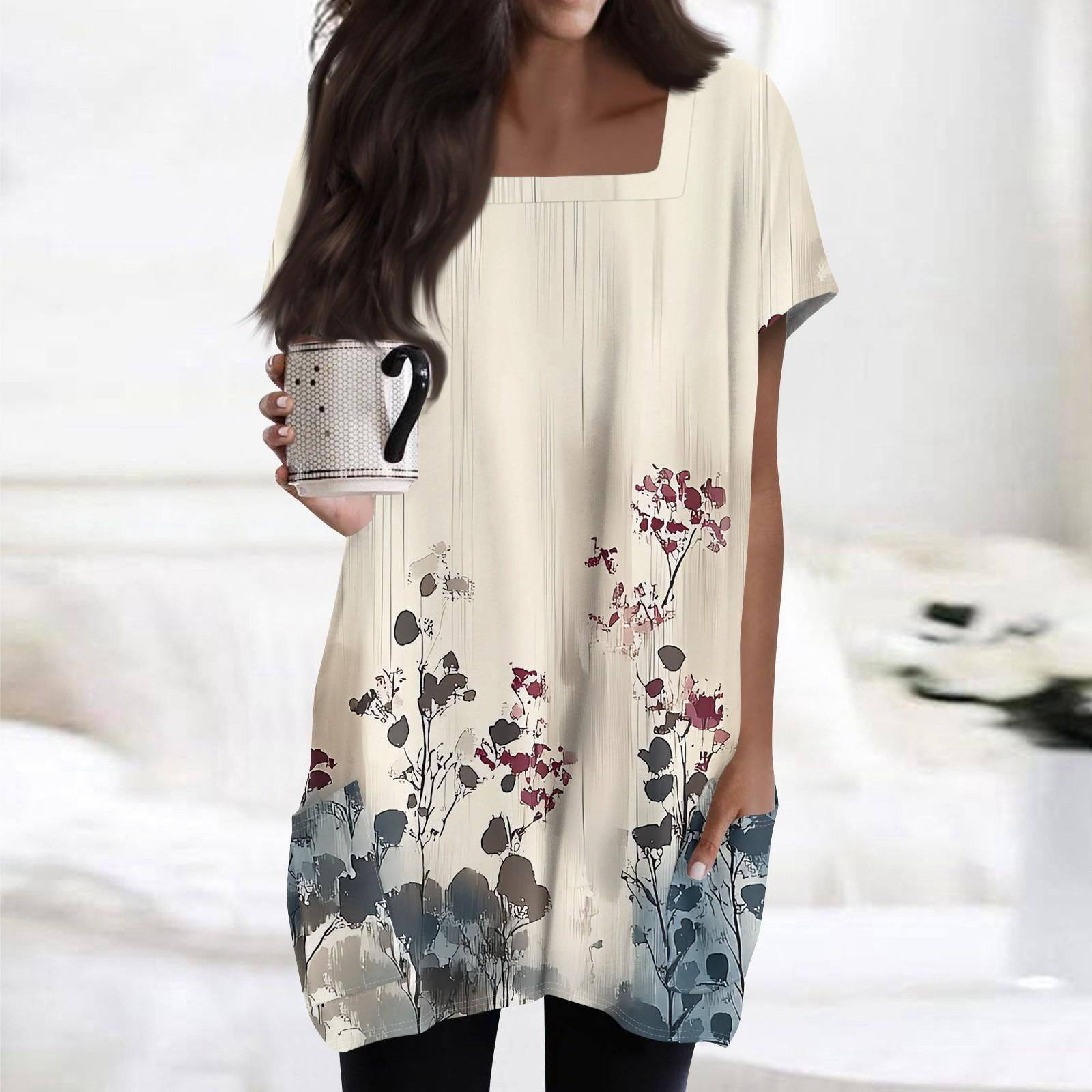 

Женские топы с квадратным воротником, короткие рукава, блузки, повседневные рубашки средней длины, модные туники с принтом и карманами XL бежевый