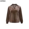 VONDA Autumn Spring Womens Velvet Two Piece Sets V Neck Long Sleeve Tops Wide Leg Pants Tracksuit Outfits
