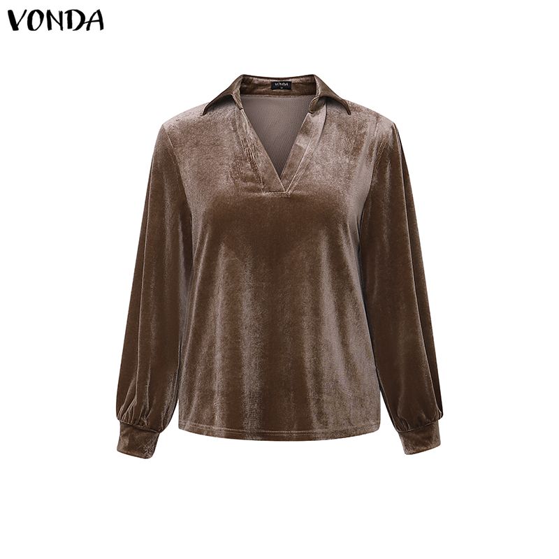 VONDA Autumn Spring Womens Velvet Two Piece Sets V Neck Long Sleeve Tops Wide Leg Pants Tracksuit Outfits