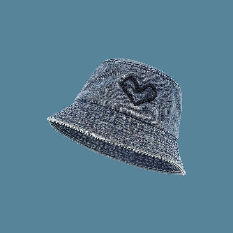 Sun hat washed denim fisherman hat children's love embroidery spring and autumn versatile face cover casual short brim basin hat