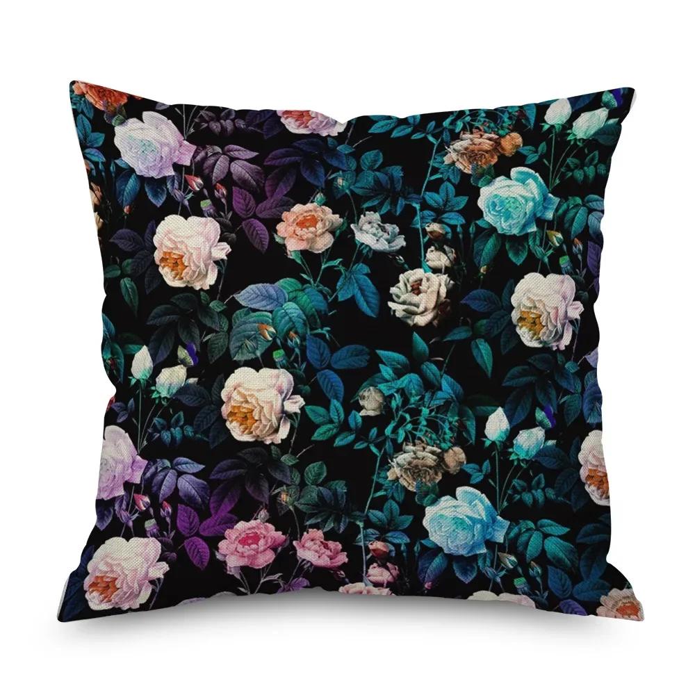 Vintage Floral Leinen Kissenbezug Schwarze Nacht Rose Kissenbezüge Dekorativ Interieur für Heimdeko Kissenhülle für Schlafzimmer 45x45