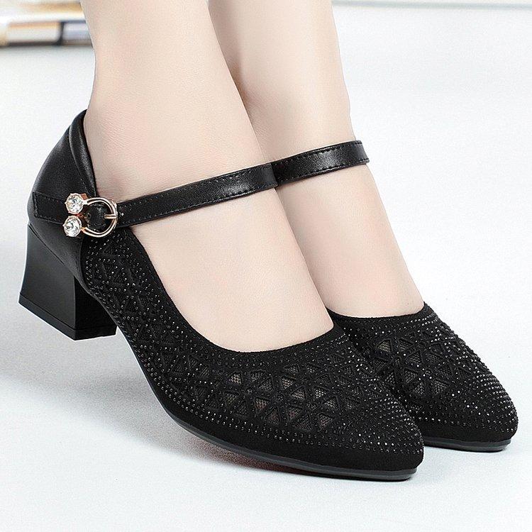 Mesh sandals hollow breathable single shoes 2025 summer new low-heeled dancing women's shoes fashion mother thick-heeled sandals