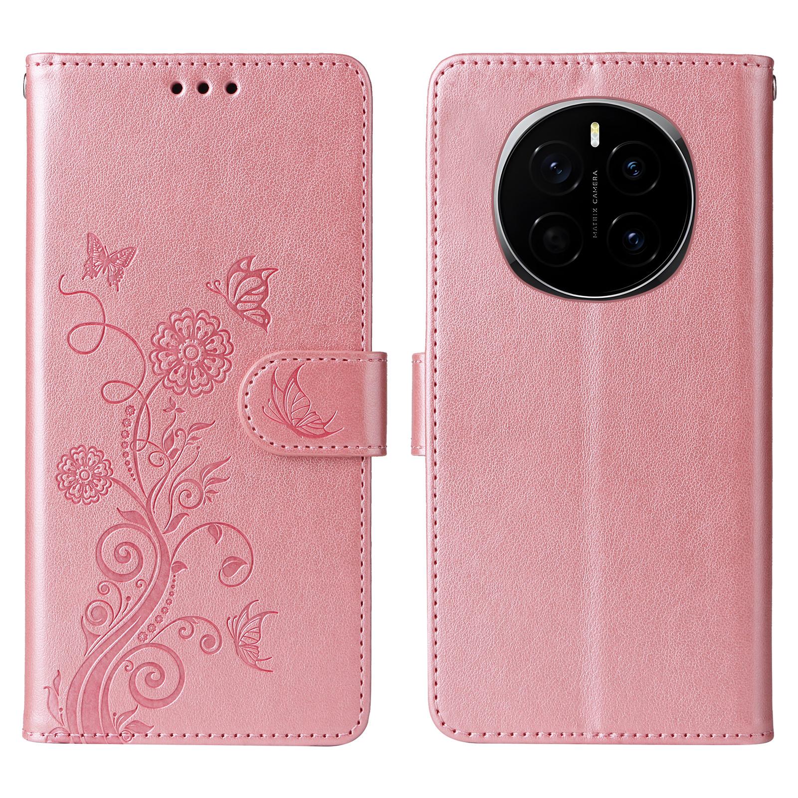 

For Honor Magic7 5G Leather Case Butterfly Floral Imprint Wallet Stand Cover Pink