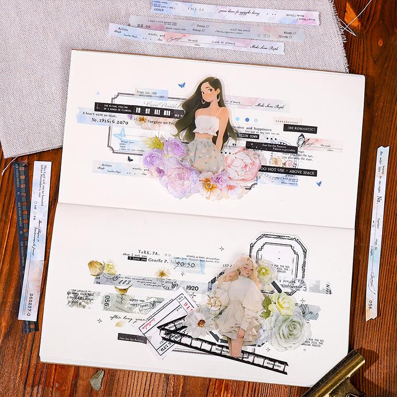 PET Washi Paper Dual Material Long Strip Sticker Bag Art Manuscript Text Pattern Sticker Creative Hand Account DIY Decoration