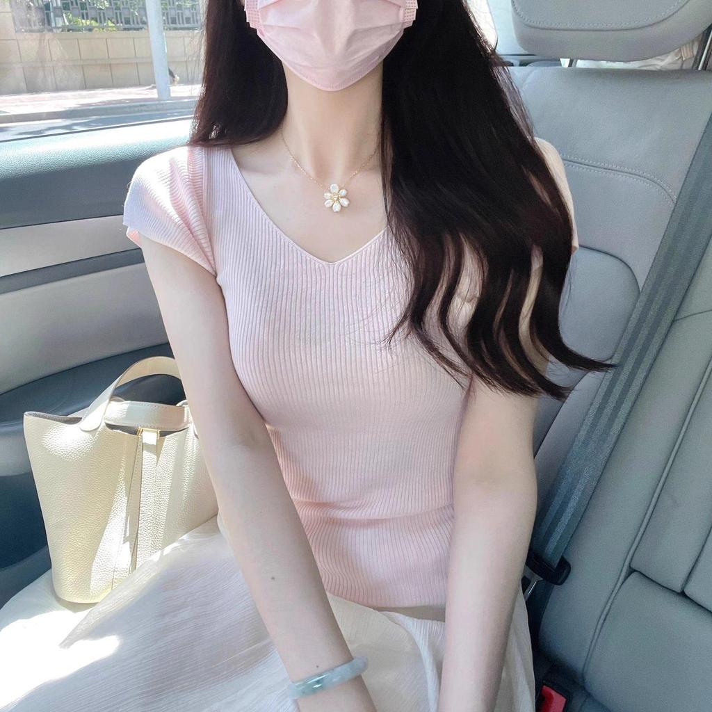 2025 Sommerstil Damen Gelbes V-Ausschnitt Strick Kurzarm T-Shirt – Einzigartiges und Stilvolles Design