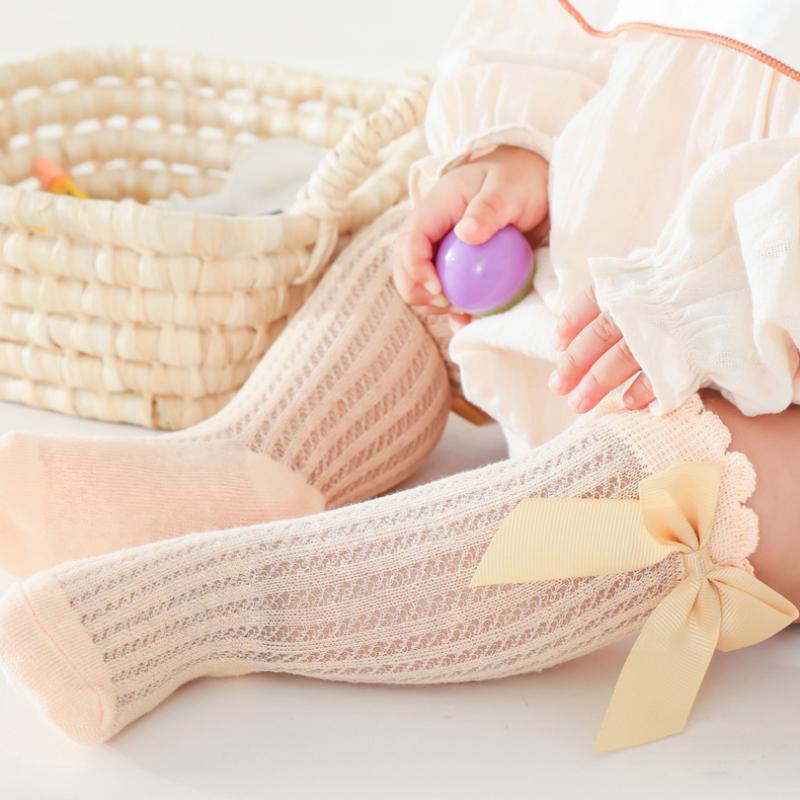 0-2Years Baby Girl Socks with Bow Summer Toddler Baby Cotton Mesh Knee Socks Newborn Infant Non-slip Baby Princess Long Socks