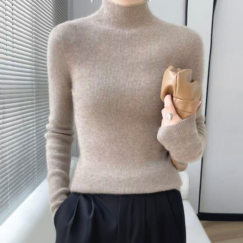 Women’s 2025 Autumn/Winter Pure Wool Sweater, Half-High Neck, Ribbed, Slim-Fit, Figure-Flattering with Cashmere Inner Layer