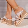 Fashion Luxury Women Sandals Floral Print Chunky Platform Women Shoe Plus Size Cross Strap Open Toe Sandals Ladies Non Slip Wedge Sandal