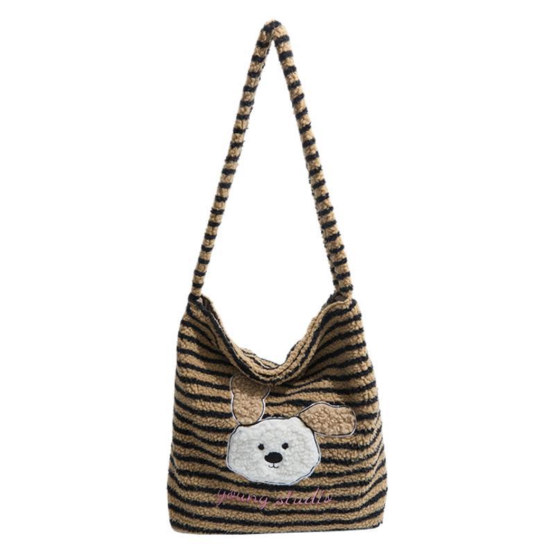 Large Capacity Double-sided Back Striped Shoulder Bag Lazy Style Fashion Tote Bag Casual Versatile Plush Bag