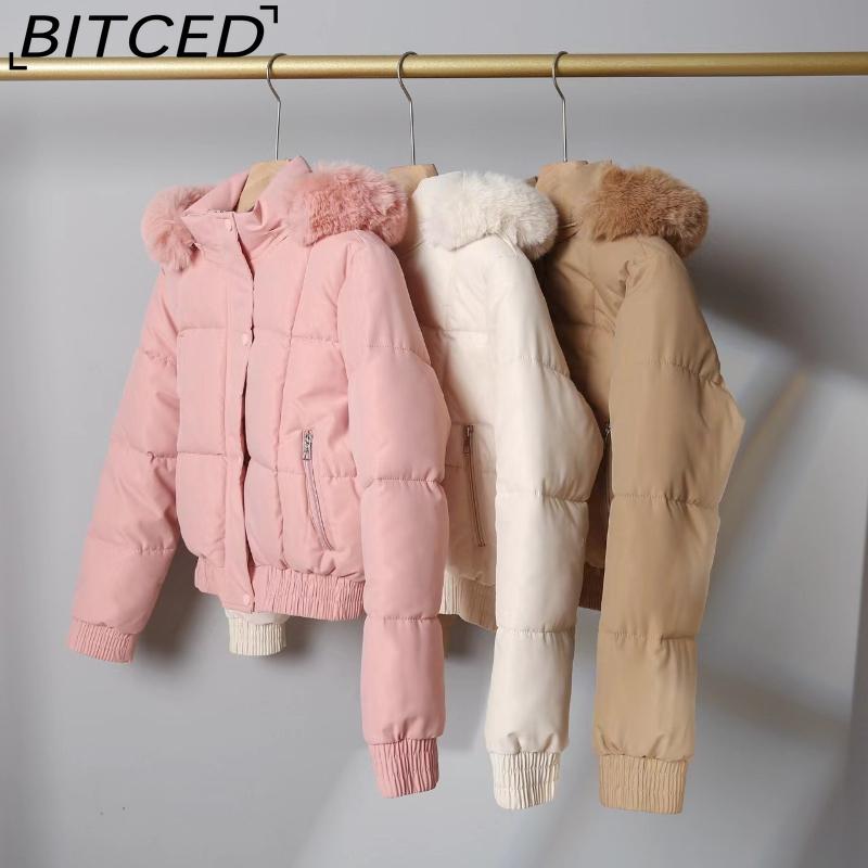 BITCED Women's Short-Length Puffer Coat Winter Fleece-Lined Thickened Cotton Jacket with Large Fur Collar Bread-Style Outerwear