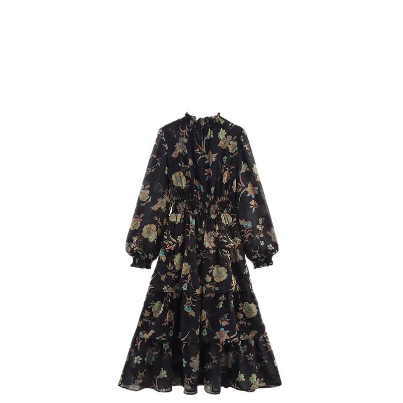 Women's European & American Style French Chiffon Floral Print High Neck Waist-Cinched Dress