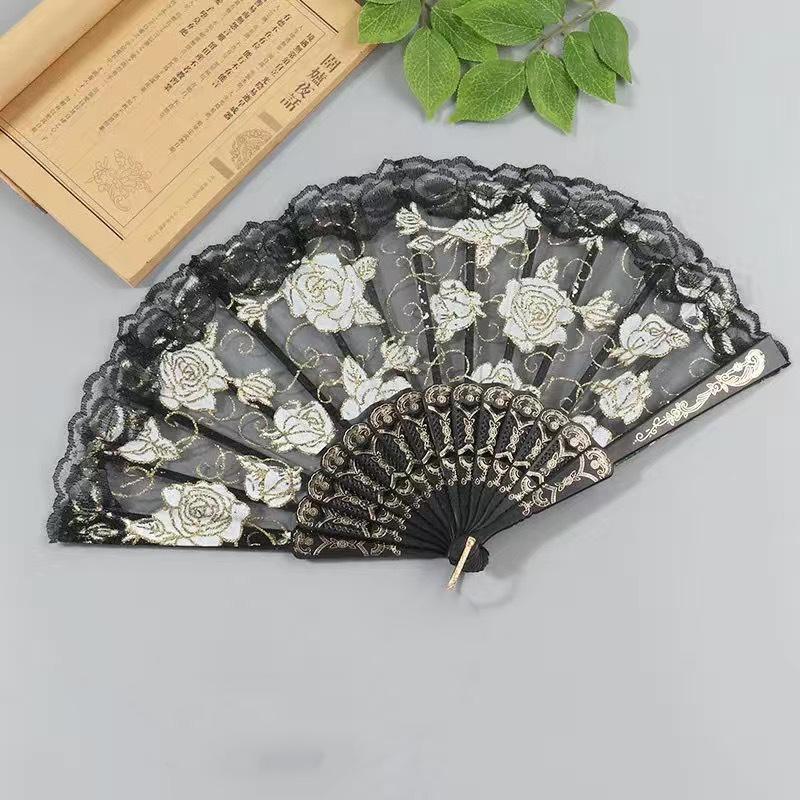 1pc-Chinese Style Vintage Retro Foldable Hand Fan Rose Lace Folding Handheld Fan for Dance Wedding Decoration Party Favor Gifts
